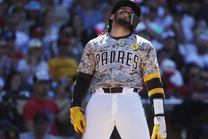 San Diego CA - April 28: San Diego Padres' Luis Campusano reacts to a called third strike in the ninth inning against the Philadelphia Phillies at Petco Park on Sunday, April 28, 2024. (K.C. Alfred / The San Diego Union-Tribune)