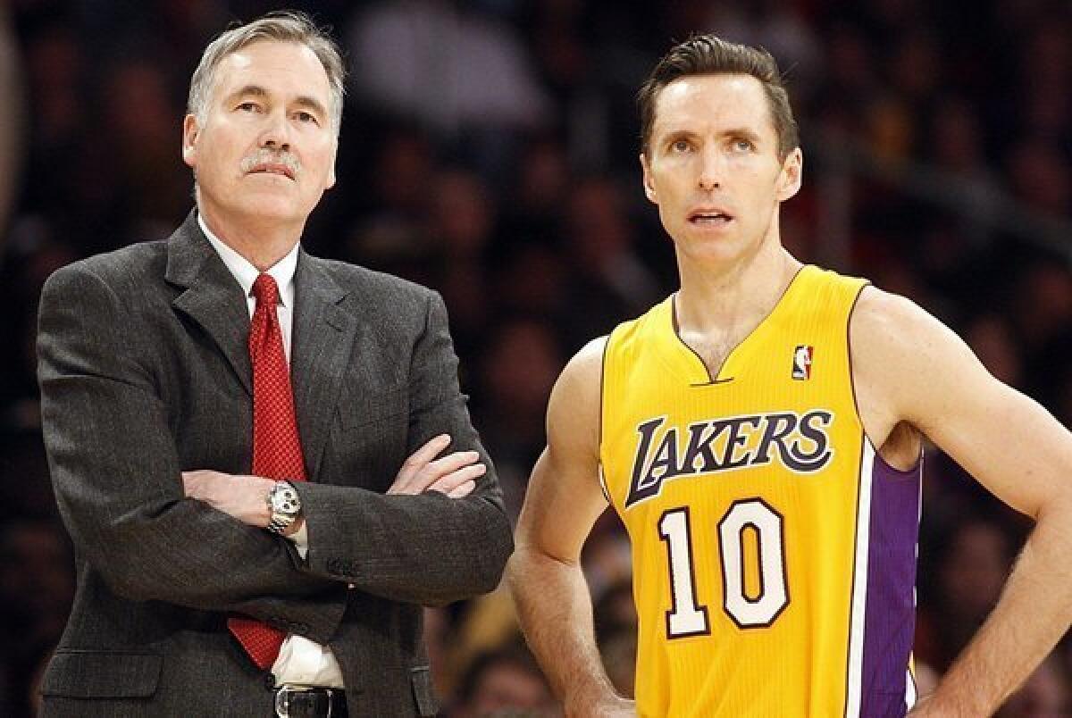 Lakers Coach Mike D'Antoni has a problem rationing minutes at point guard with veteran Steve Nash (10) and backup Jordan Farmar (not pictured) injured.