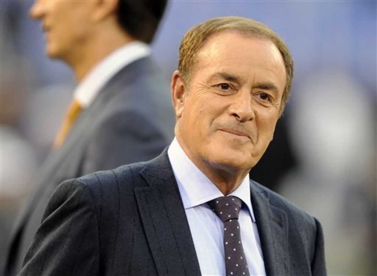 FILE - This Sept. 23, 2012 file photo shows sports commentator Al Michaels before an NFL football game between the Baltimore Ravens and the New England Patriots in Baltimore. Michaels, the longtime television play-by-play man, is working on a memoir that will be released by HarperCollins imprint William Morrow. (AP Photo/Nick Wass, file)