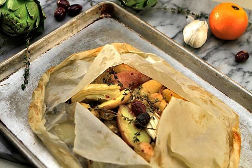 Artichokes, fennel and potatoes bake in a flavorful packet.