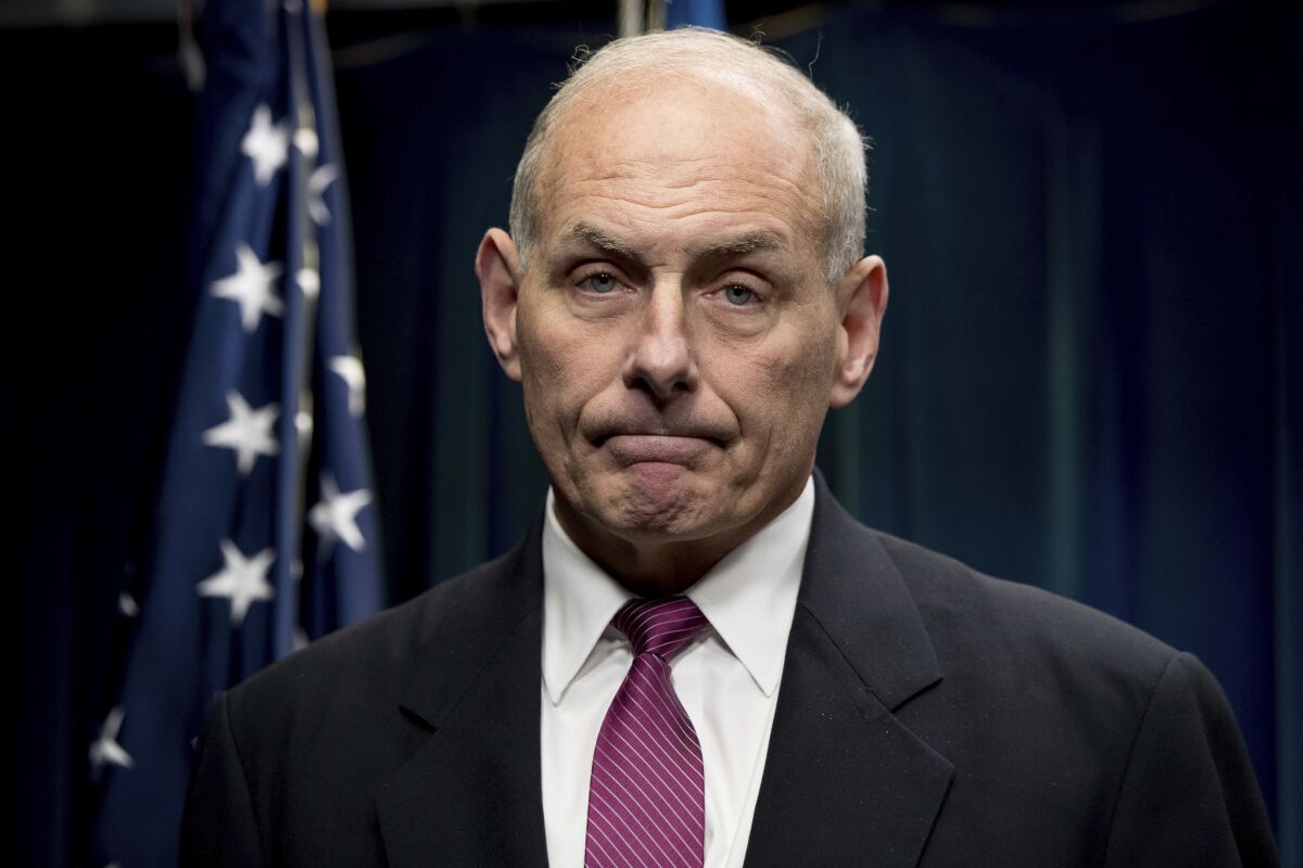 Homeland Security Secretary John Kelly pauses while speaking at a news conference at the U.S. Customs and Border Protection headquarters in Washington, Tuesday, Jan. 31, 2017, to discuss the operational implementation of the president's executive orders.