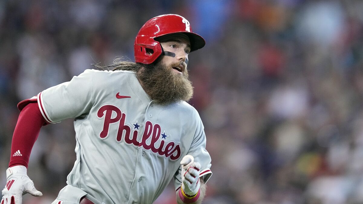 Philadelphia Phillies' Brandon Marsh runs up the first base line against the Houston Astros.