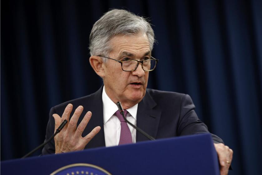 FILE - In this Wednesday, May 1, 2019, file photo, Federal Reserve Board Chair Jerome Powell speaks at a news conference following a two-day meeting of the Federal Open Market Committee, in Washington. Powell says a sharp rise in corporate debt is being closely monitored but currently the Fed does not see the types of threats that triggered the 2008 financial crisis. (AP Photo/Patrick Semansky, File)