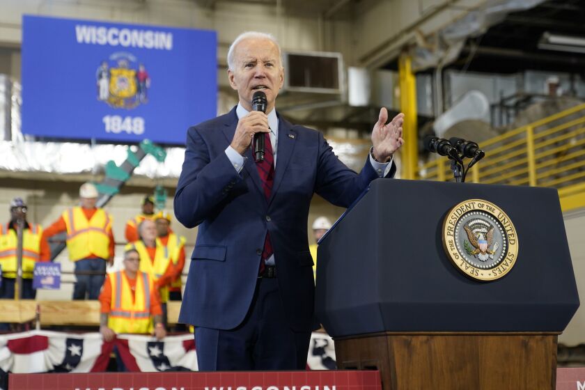 President Joe Biden speaks about his economic agenda at LIUNA Training Center, Wednesday, Feb. 8, 2023, in DeForest, Wis. (AP Photo/Patrick Semansky)