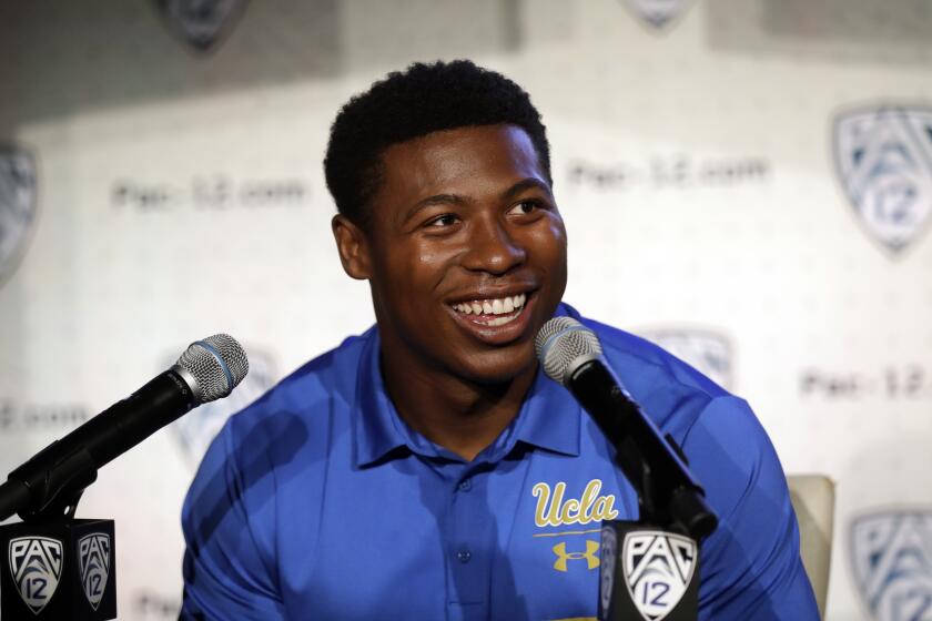 UCLA running back Joshua Kelley answers questions during the Pac-12 Conference NCAA college football Media Day Wednesday, July 24, 2019, in Los Angeles. (AP Photo/Marcio Jose Sanchez)