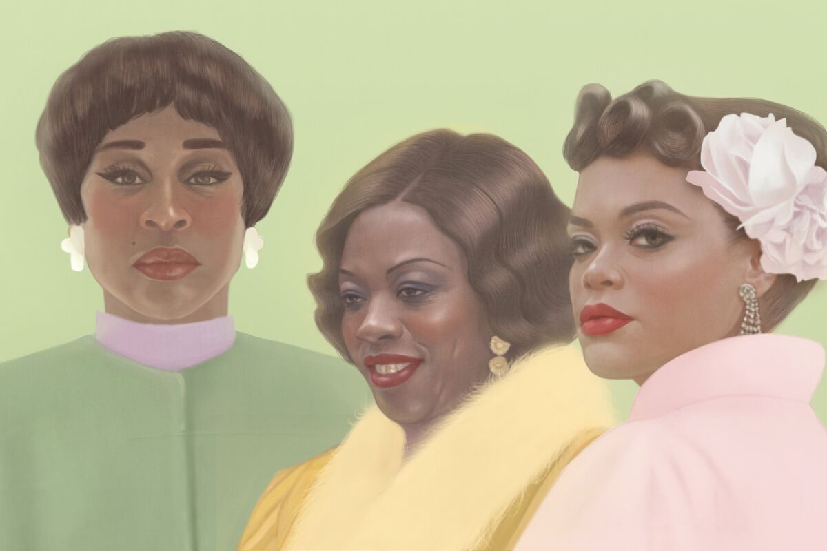 An illustration of singers Aretha Franklin, Ma Rainey and Billie Holiday as they appear in the films about them.