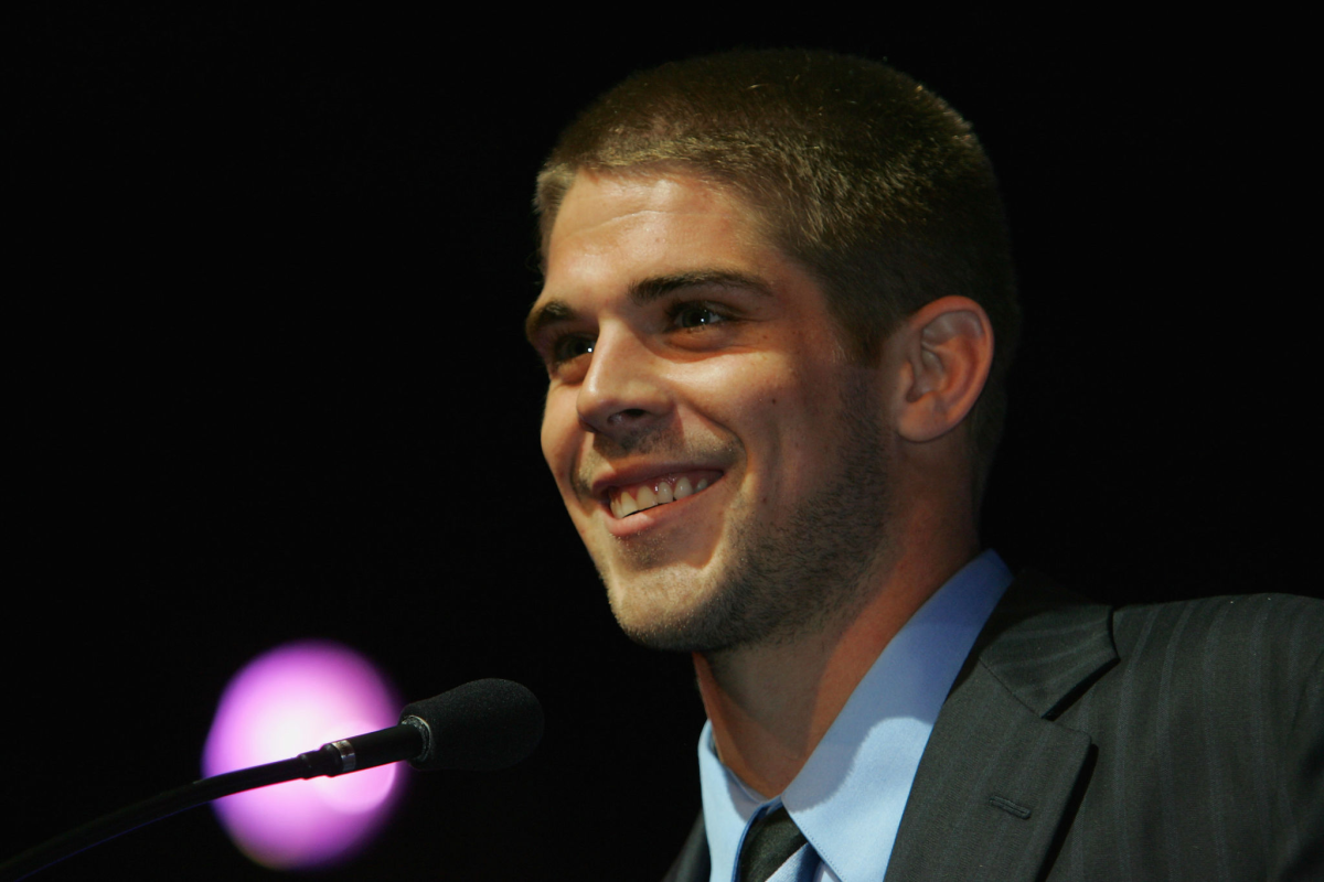 Hawaii quarterback Colt Brennan speaks on stage during the Heisman Trophy Award presentation in New York on Dec. 8, 2007.