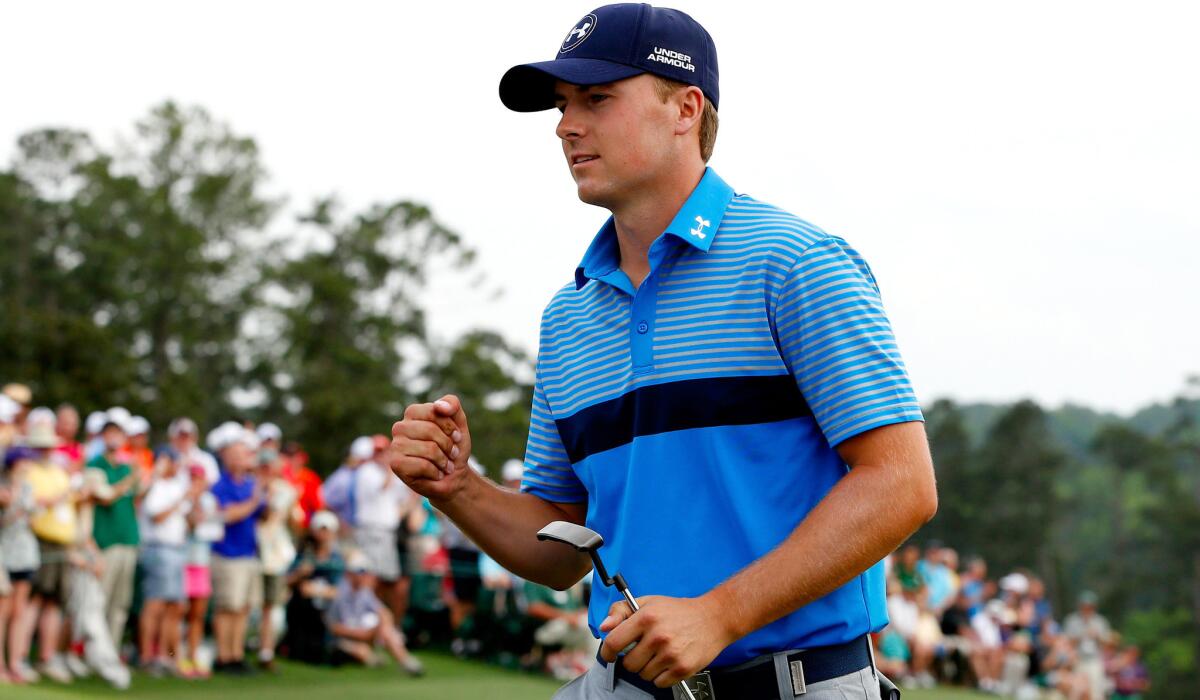 Jordan Spieth reacts after closing out his round of 64 on Thursday at the Masters.