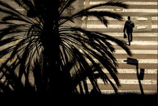Los Angeles, CA - April 19: Afternoon sun and shadows silhouettss a pedestrian walking through a crosswalk pattern along Wilshire Blvd. amidst pleasant weather in the Koreatown area of Los Angeles Tuesday, April 19, 2022. (Allen J. Schaben / Los Angeles Times)