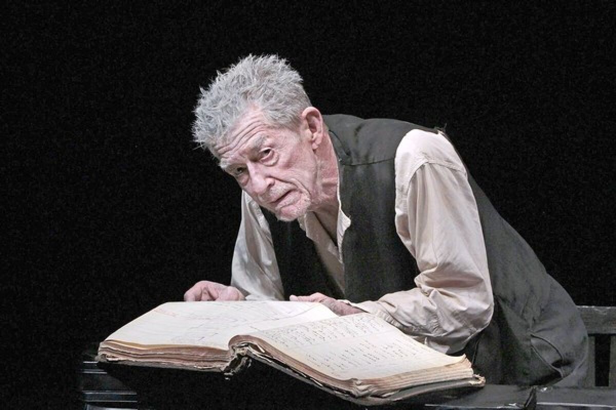 John Hurt, bearing a striking resemblance to the playwright, performs "Krapp's Last Tape" by Samuel Beckett at the Kirk Douglas Theatre.