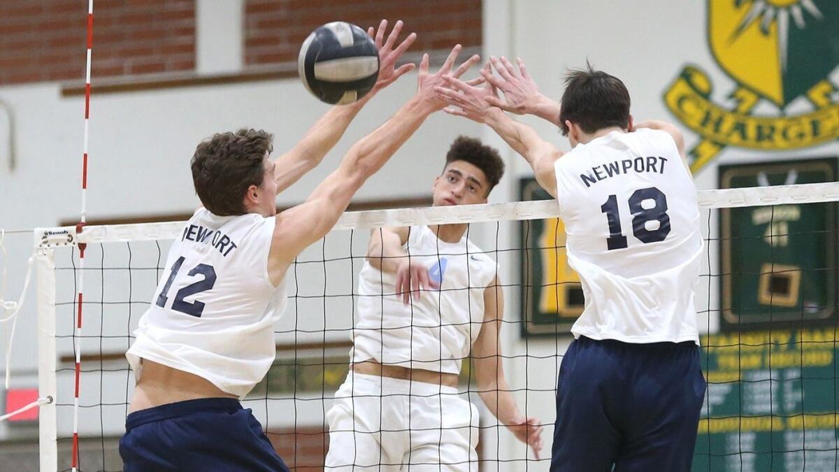 Corona del Mar High opposite Kevin Kobrine (4), and Newport Harbor outside hitter Dayne Chalmers (12) and Ethan Talley (18) each made the Daily Pilot Boys' Volleyball Dream Team in 2018.
