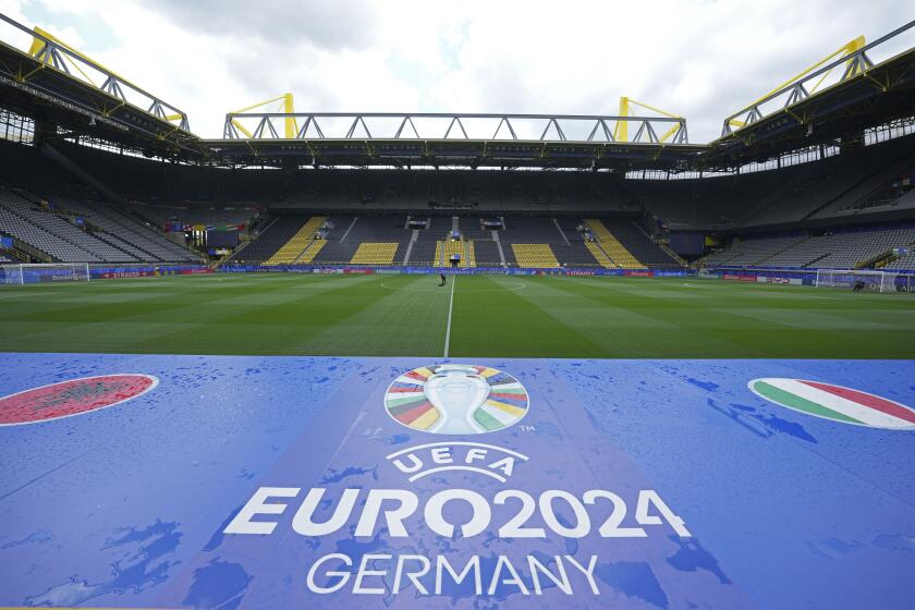 The stadium of German first division, Bundesliga, soccer team Borussia Dortmund is set up in Dortmund, Germany, Tuesday, June 11, 2024 for the Euro 2024 Group B soccer match match between Italy and Albania on Saturday, June 15. (AP Photo/Martin Meissner)