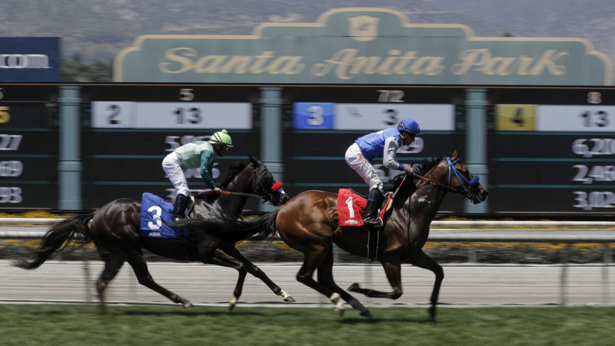 Eddie Haskell, right, with jockey Kent Desormeaux aboard, wins a race July 6, the last day of the, winter/spring meeting at Santa Anita.