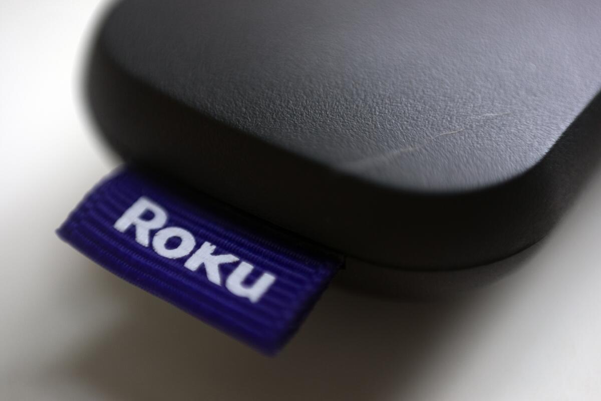 A logo for Roku on a remote control in 2020.