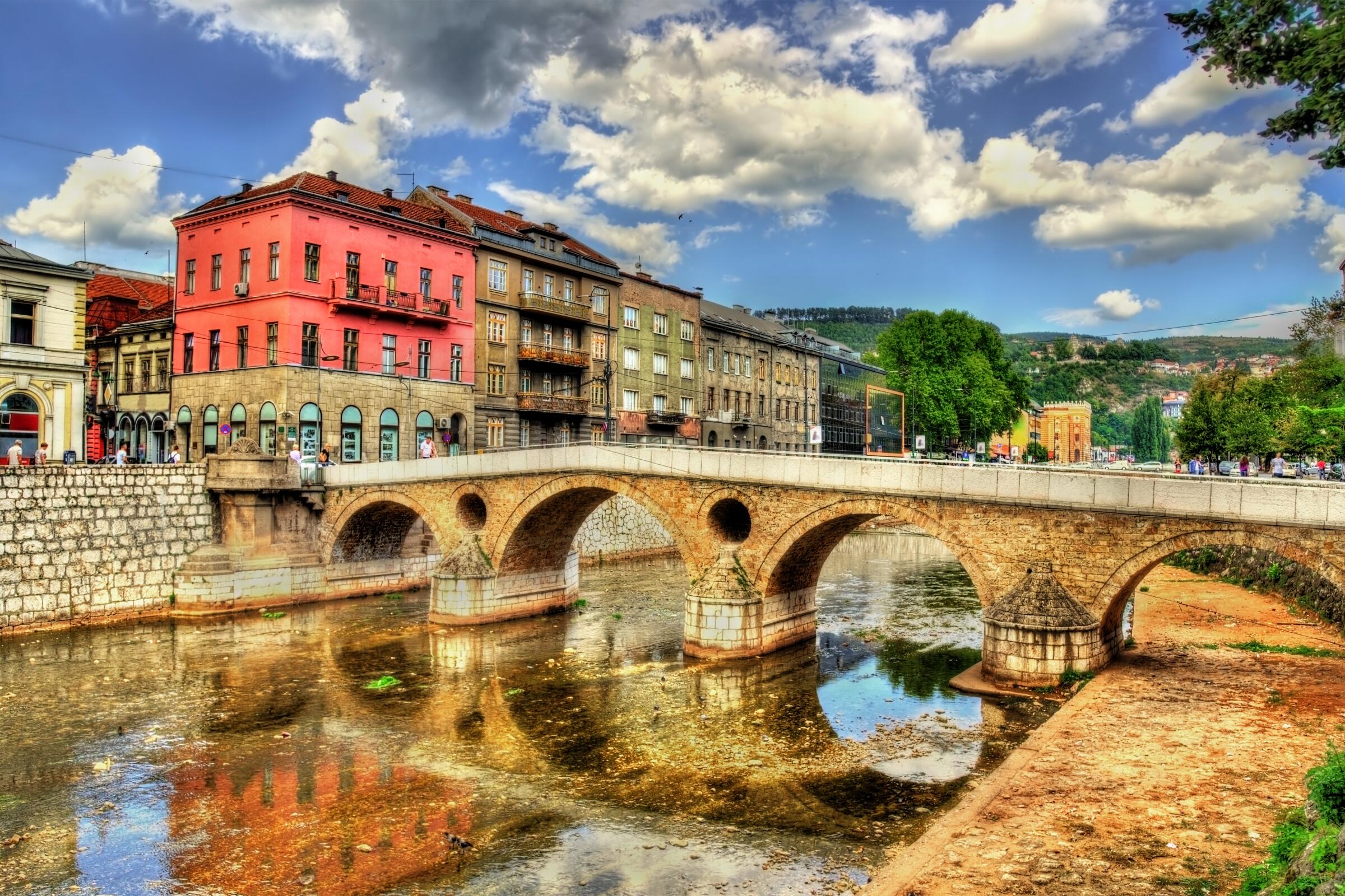 The Latin Bridge is one of many crossings along the Miljacka River in Sarajevo, Bosnia-Herzegovina, whose old quarter has buildings that date back centuries.
