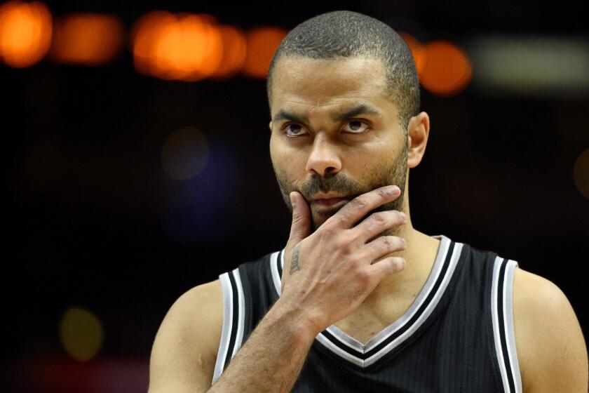 San Antonio Spurs guard Tony Parker looks on during Game 1 of the Western Conference quarterfinals against the Clippers at Staples Center on Sunday.
