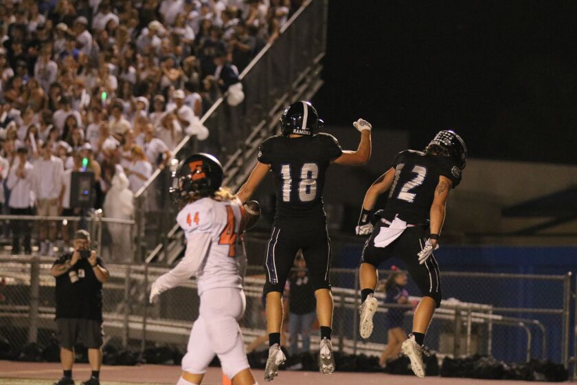 Josh King and Colin Lester after a big play in Ramona High's Oct. 7 homecoming game against Escondido.