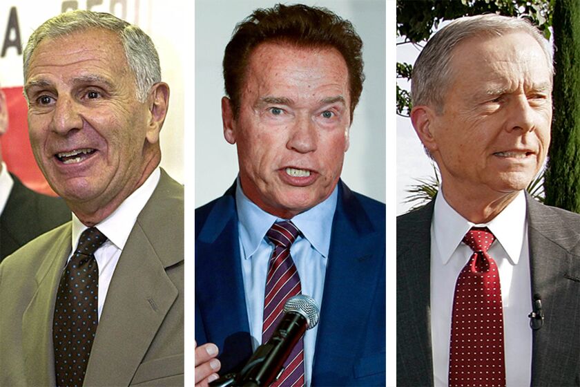 Former California Governors, left to right, George Deukmejian, Arnold Schwarzenegger, Pete Wilson.