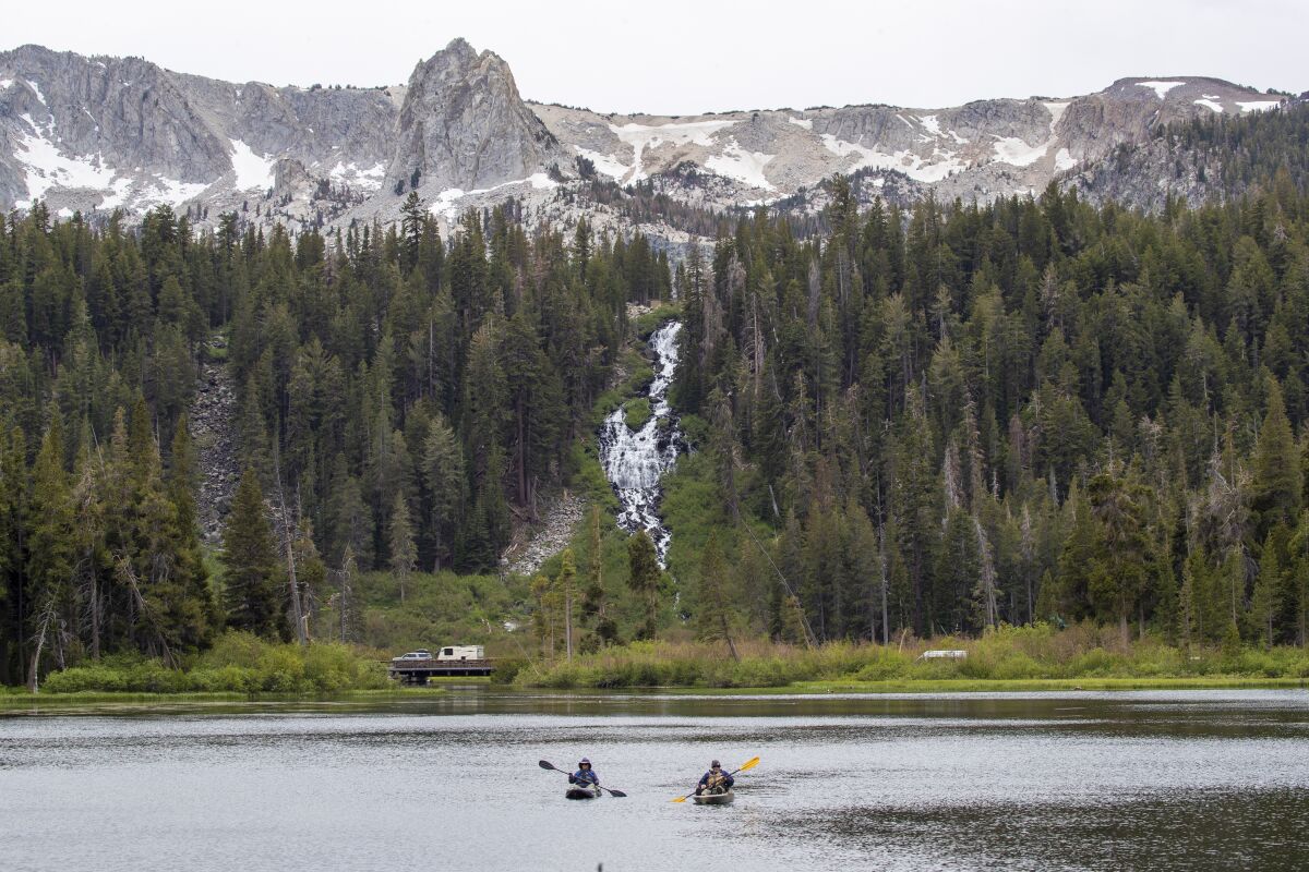 Kayakers paddle through Twin Lakes with a view of Twin Lakes Falls cascading down from Lake Mamie.