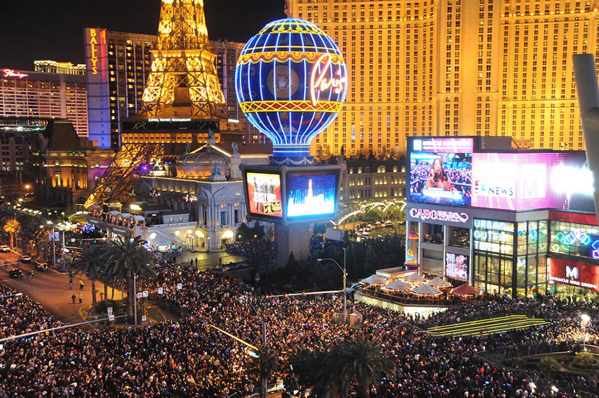 Revelers pack the Strip on New Year's Eve in Las Vegas.
