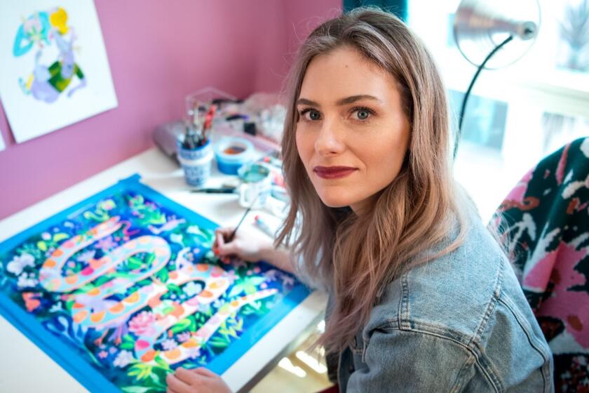 LOS ANGELES, CA - APRIL 26, 2019: Illustrator and TV producer Lisa Hanawalt paints in her studio. Hanawalt's drawings established the look of Netflix's hit 'BoJack Horseman' and are once again at the center of 'Tuca & Bertie,' a new adult-animated series debuting May 3. (Michael Owen Baker / For The Times)