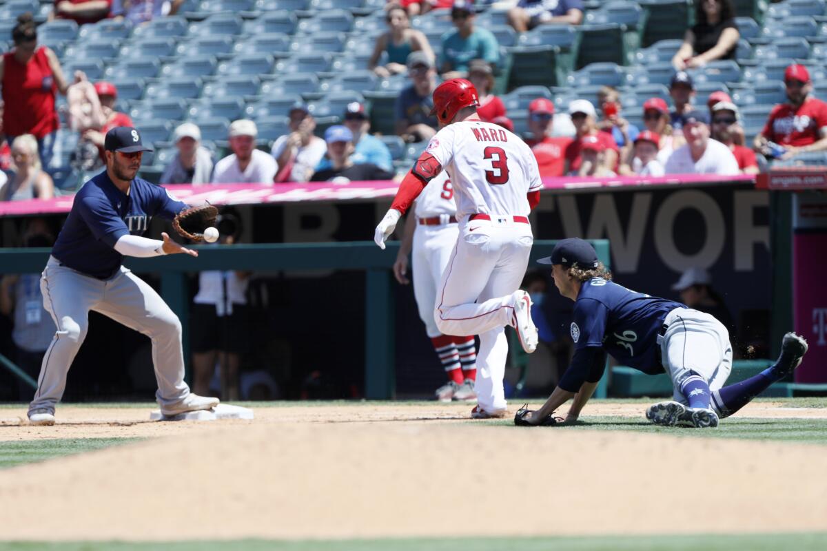 The Angels managed just four runs in a rubber-match defeat to the Mariners Sunday. (AP Photo/Alex Gallardo)