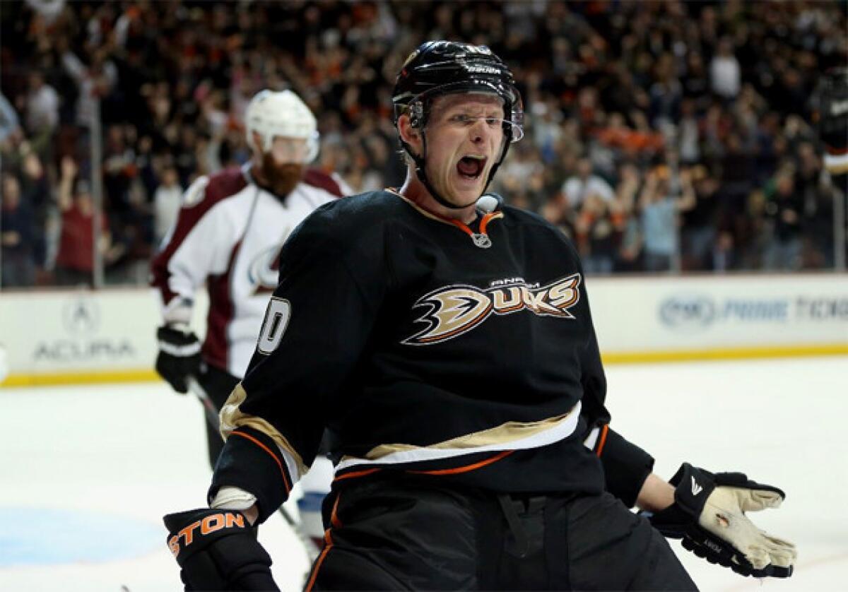 Anaheim Ducks' Corey Perry celebrates after scoring the game winning goal in overtime against the Colorado Avalanche.