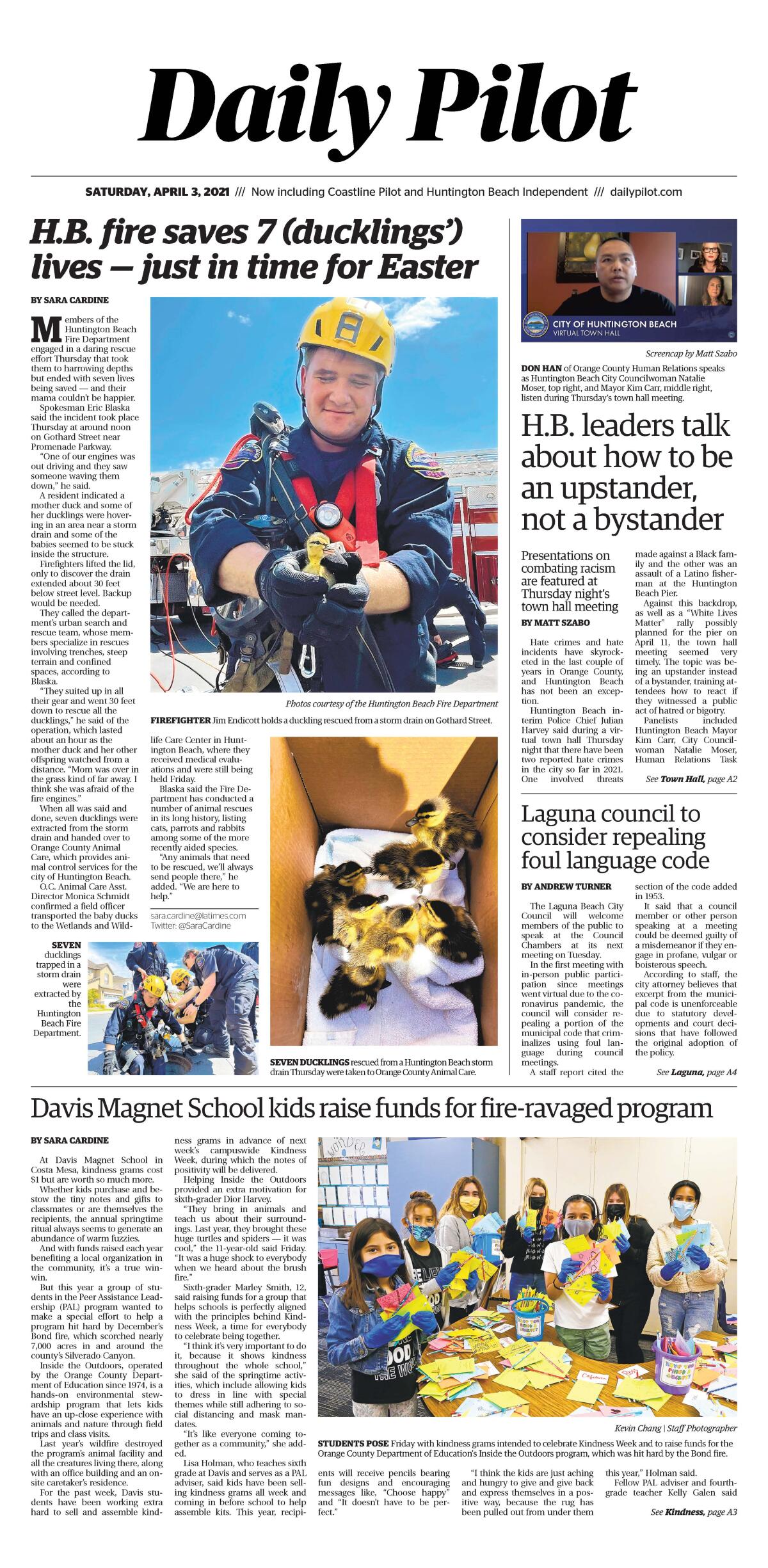 Front page of Daily Pilot e-newspaper for Saturday, April 4, 2021.