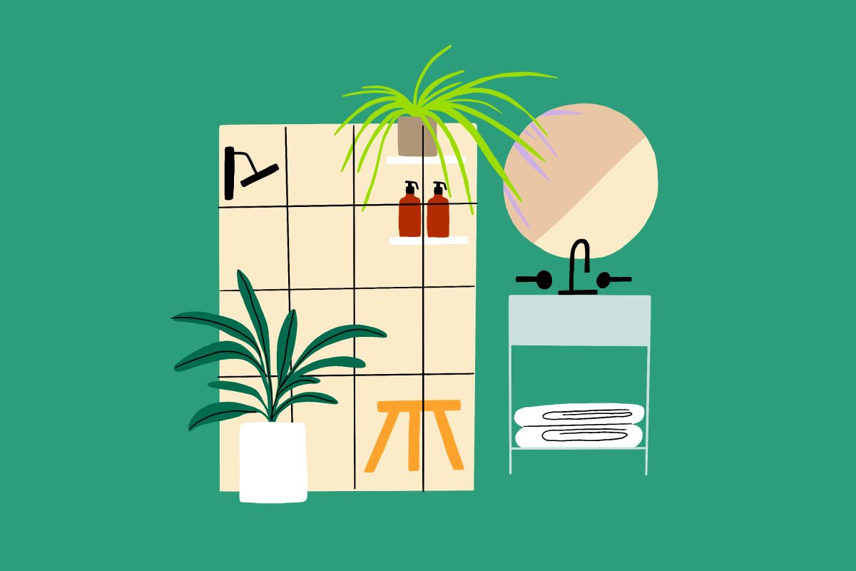 An illustration of a bathroom with houseplants.