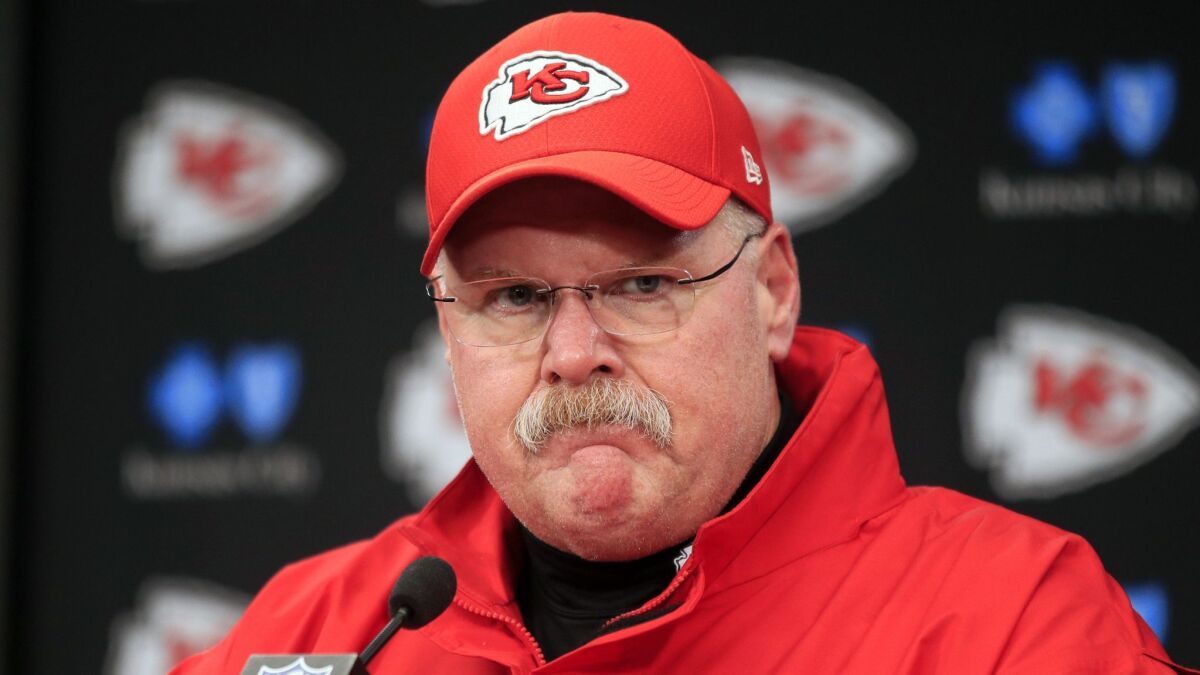 Kansas City Chiefs coach Andy Reid addresses the media Jan. 12 after a playoff game against the Indianapolis Colts.