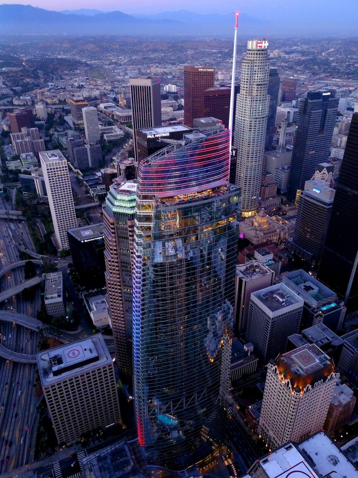 The 73-story Wilshire Grant Center is the tallest building west of the Mississippi.