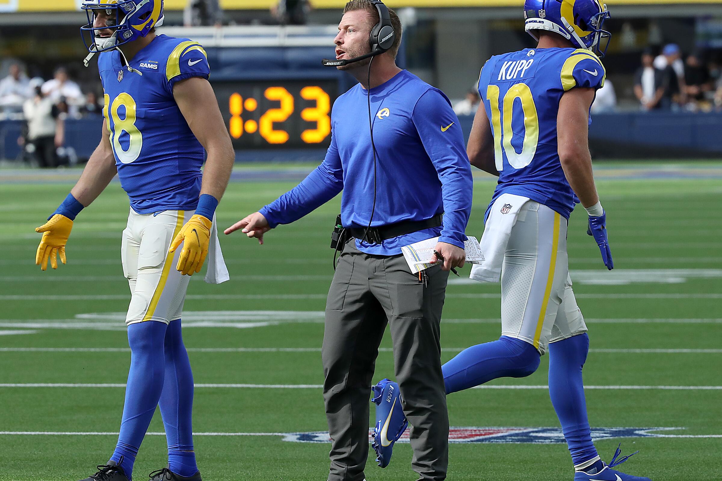 Rams coach Sean McVay gives instructions from the sideline during their game against the Lions.
