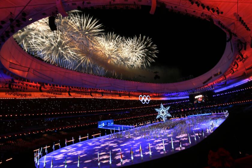 Firework display at the end of the closing ceremony at the Beijing 2022 Olympic games.