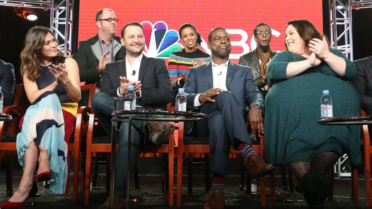 Mandy Moore, from left, Chris Sullivan, Dan Fogelman, Susan Kelechi Watson, Sterling K. Brown, Ron Cephas Jones and Chrissy Metz of "This Is Us" at the 2017 Winter Television Critics Association Press Tour.