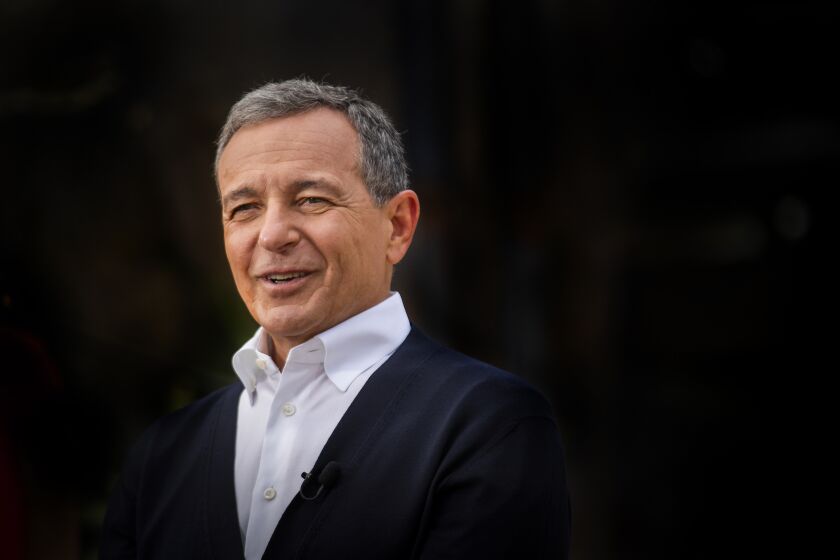 ANAHEIM, CALIF. -- WEDNESDAY, MAY 29, 2019: Bob Iger, CEO of The Walt Disney Company, is interviewed by the media during the Star Wars: Galaxy's Edge Media Preview event at the Disneyland Resort in Anaheim, Calif., on May 29, 2019. (Allen J. Schaben / Los Angeles Times)