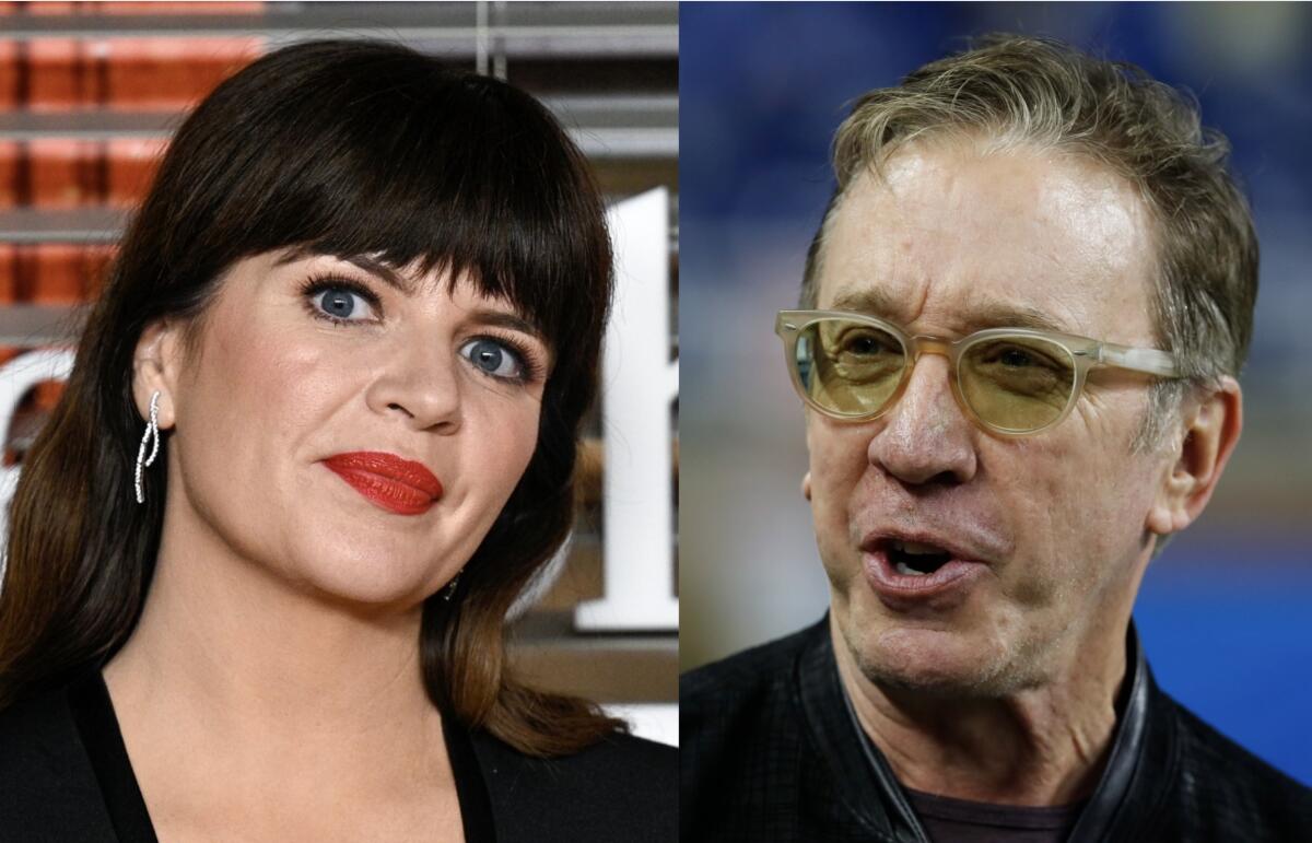 Two photos: Casey Wilson in bold red lipstick and sparkly earrings. Tim Allen in yellow-tinted sunglasses.