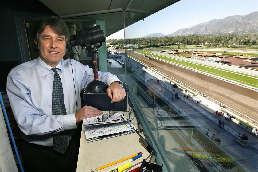 Trevor Denman, shown here in the Santa Anita press box, is calling the races at Del Mar now.