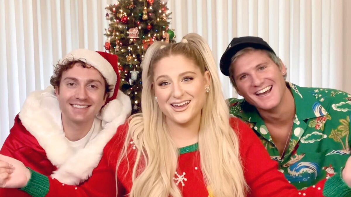Meghan Trainor hypes her holiday album on Talkshoplive with her husband, Daryl Sabara, and brother, Justin Trainor.
