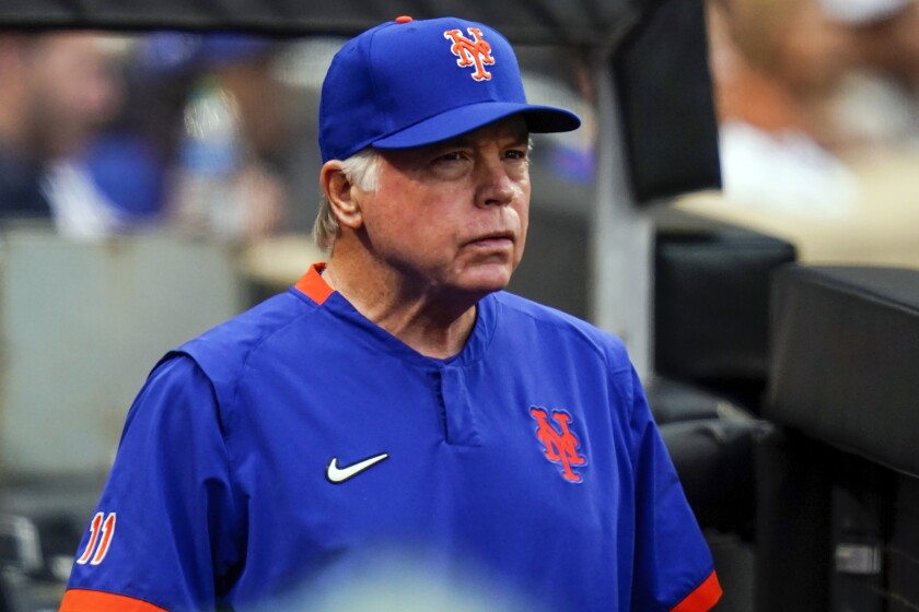 New York Mets manager Buck Showalter watches his team play during the eighth inning in the first baseball game of a doubleheader against the Atlanta Braves, Tuesday, May 3, 2022, in New York. (AP Photo/Frank Franklin II)