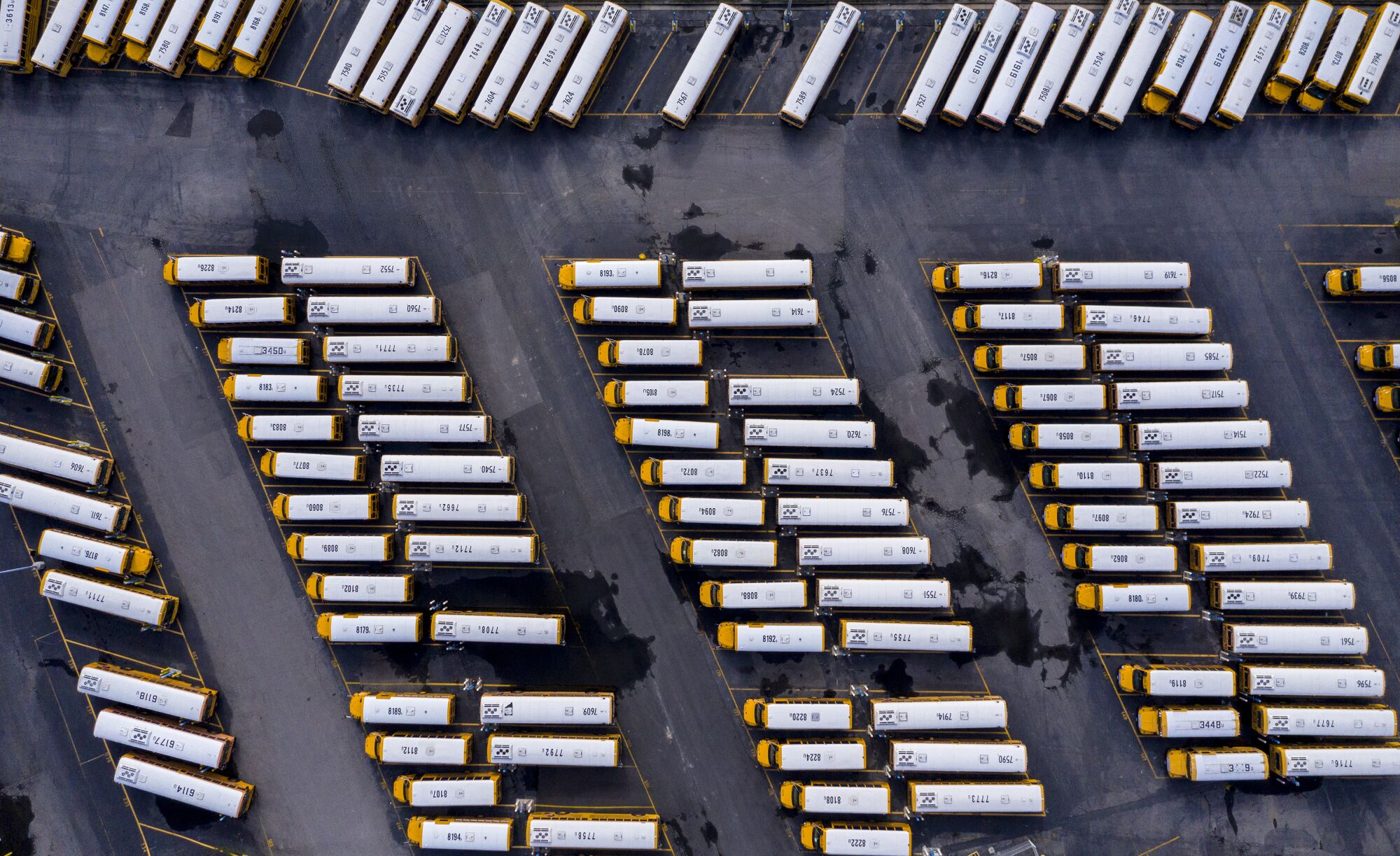 LAUSD buses sit idle in a district transportation yard in Gardena