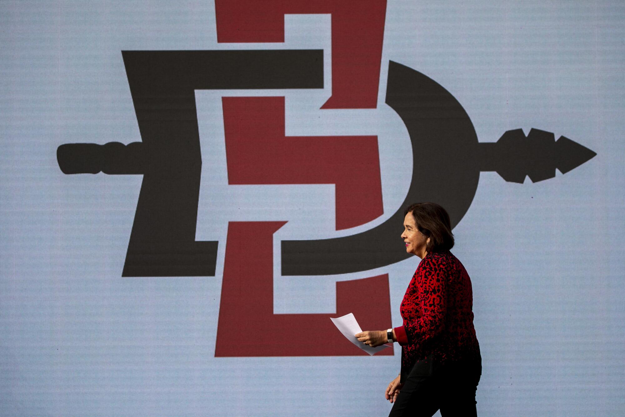 SDSU President Adela de la Torre prepares to speak at a ceremony 