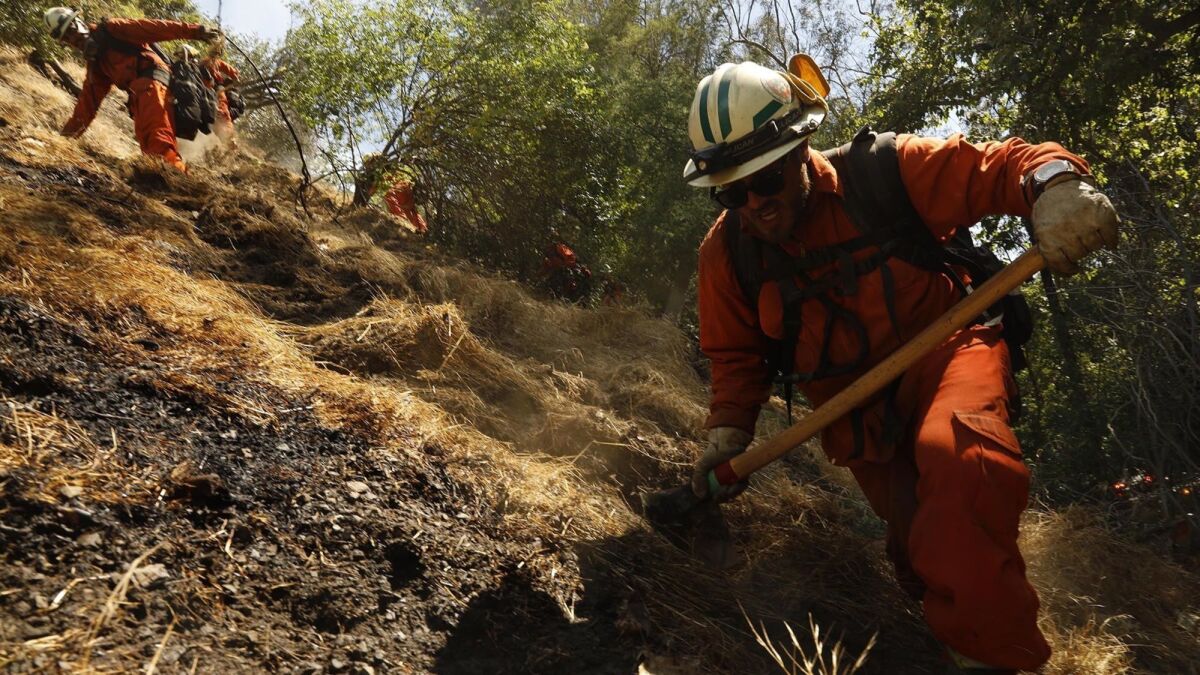 Firefighters hit hot spots of a fire at the end of Portola Drive in the Benedict Canyon area.
