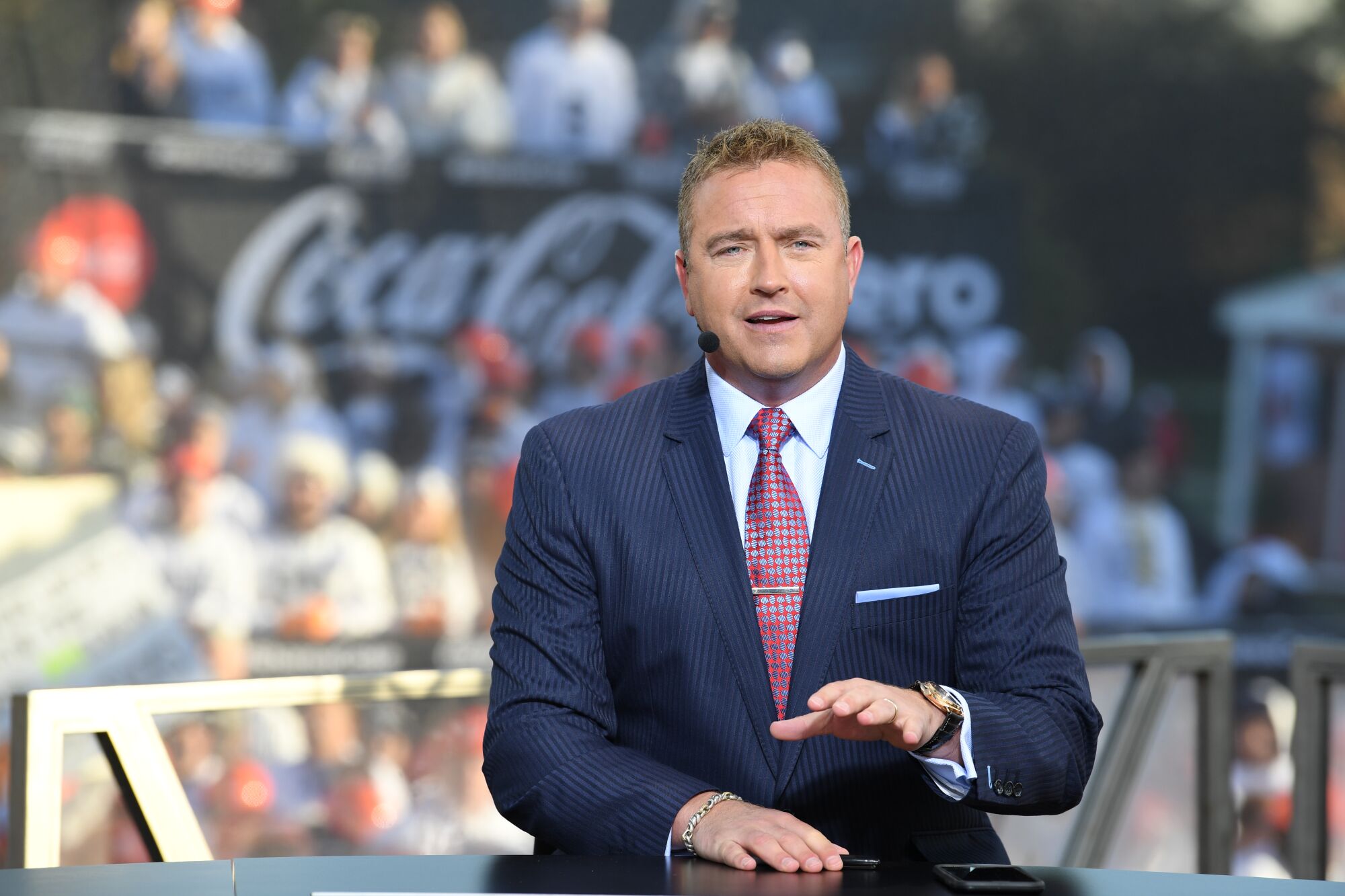 Kirk Herbstreit speaks on the set of "College GameDay" at Penn State on Oct. 19, 2019.