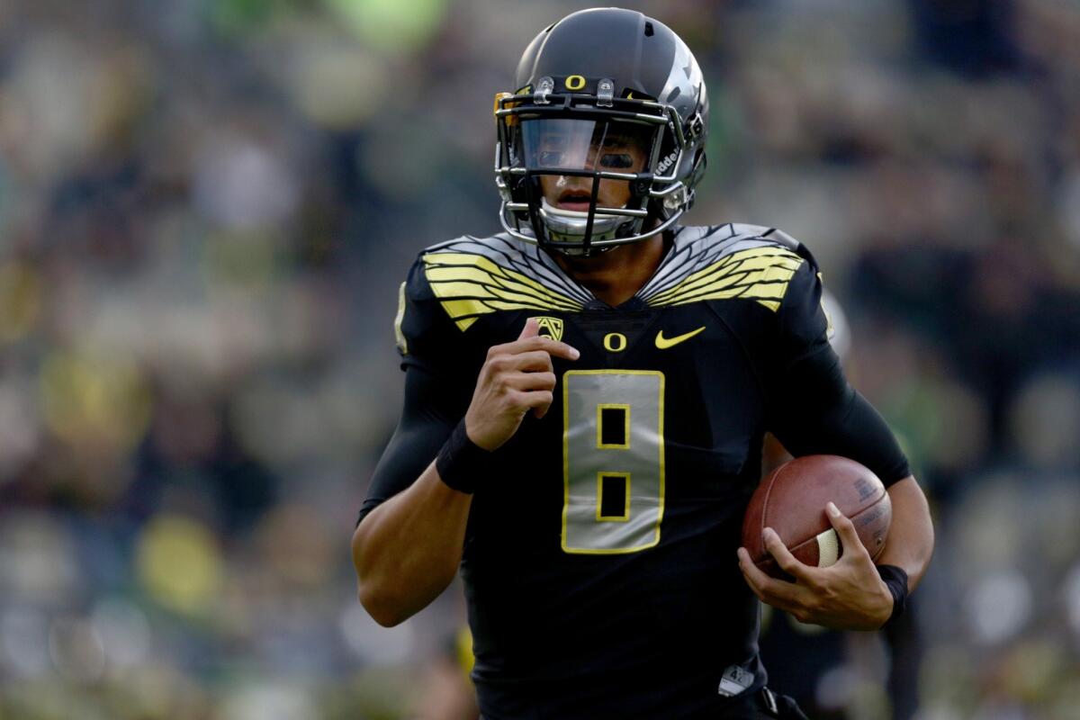 Marcus Mariota and the Oregon Ducks (8-1) are ranked fourth in the College Football Playoff rankings behind No. 1 Mississippi State (8-0), No. 2 Florida State (8-0) and No. 3 Auburn (7-1).