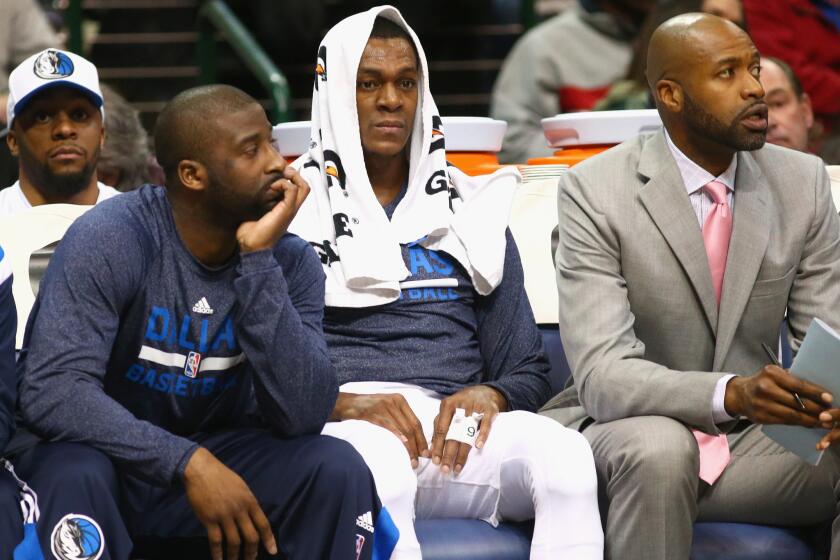 Dallas Mavericks guard Rajon Rondo sits on the bench during a game Tuesday against the Toronto Raptors. Rondo was suspended one game Wednesday for conduct detrimental to the team.
