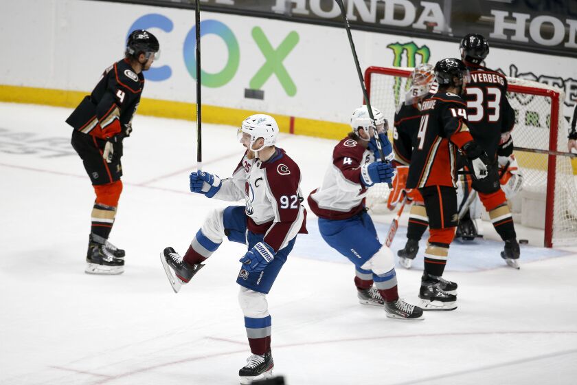 The Colorado Avalanche's Gabriel Landeskog (92) celebrates his goal in overtime against the Ducks on Jan. 22, 2021.