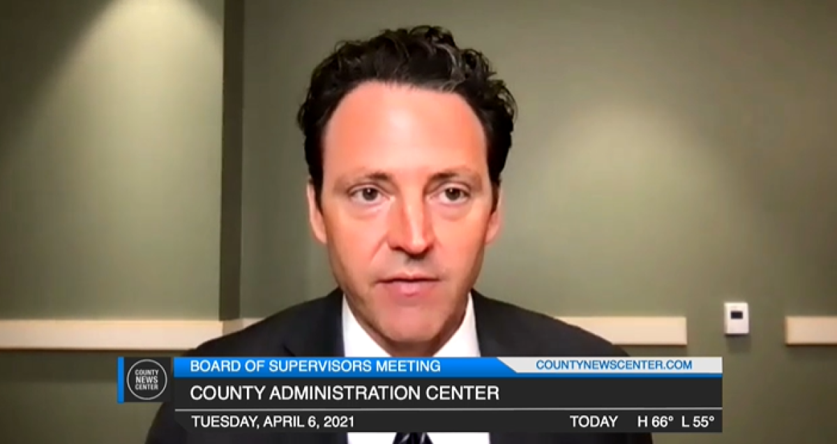 San Diego County Board of Supervisors chair Nathan Fletcher speaking at its virtual meeting Tuesday.