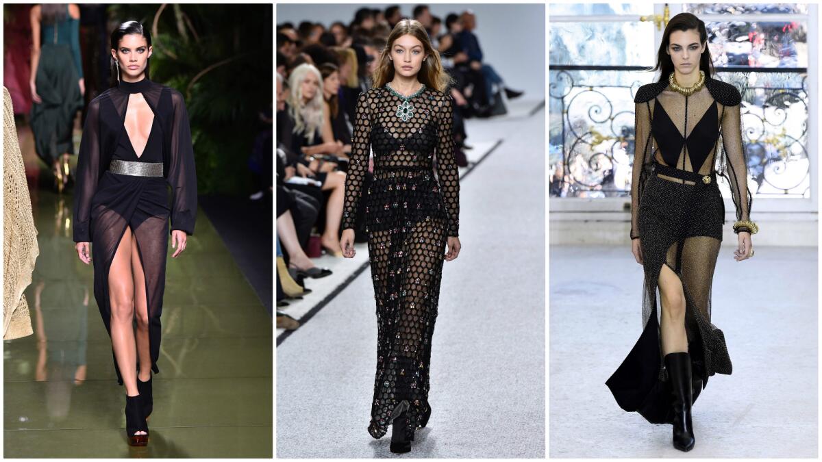 Sheer and see-through looks from (left to right) Balmain, Giambattista Valli and Louis Vuitton.