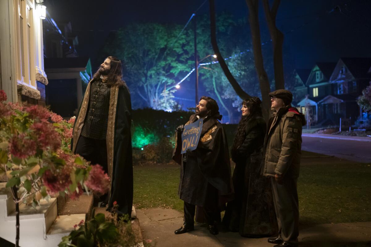 The vampires of FX's "What We Do in the Shadows" show up for their neighbors' Super Bowl bash.