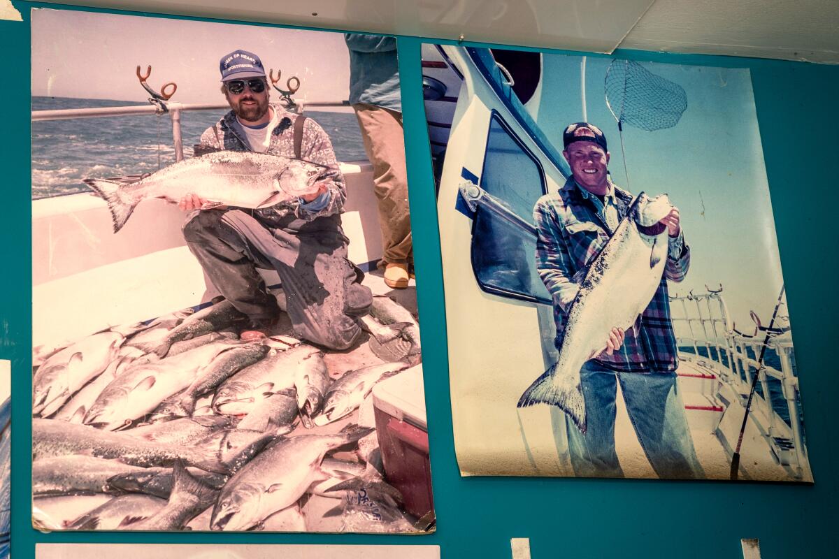 Two photographs of men holding fish they caught.